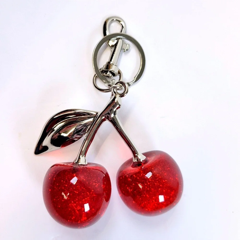 Bag Charm- Keychain Glitter Resin Double Cherry Red Women Rockabilly Kawaii Fun